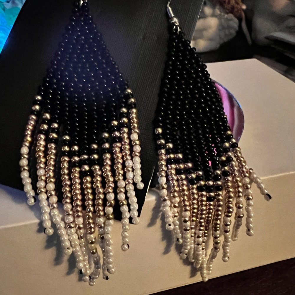 Bohemian‎ Style Handmade Beaded Tassel Earrings, black & gold